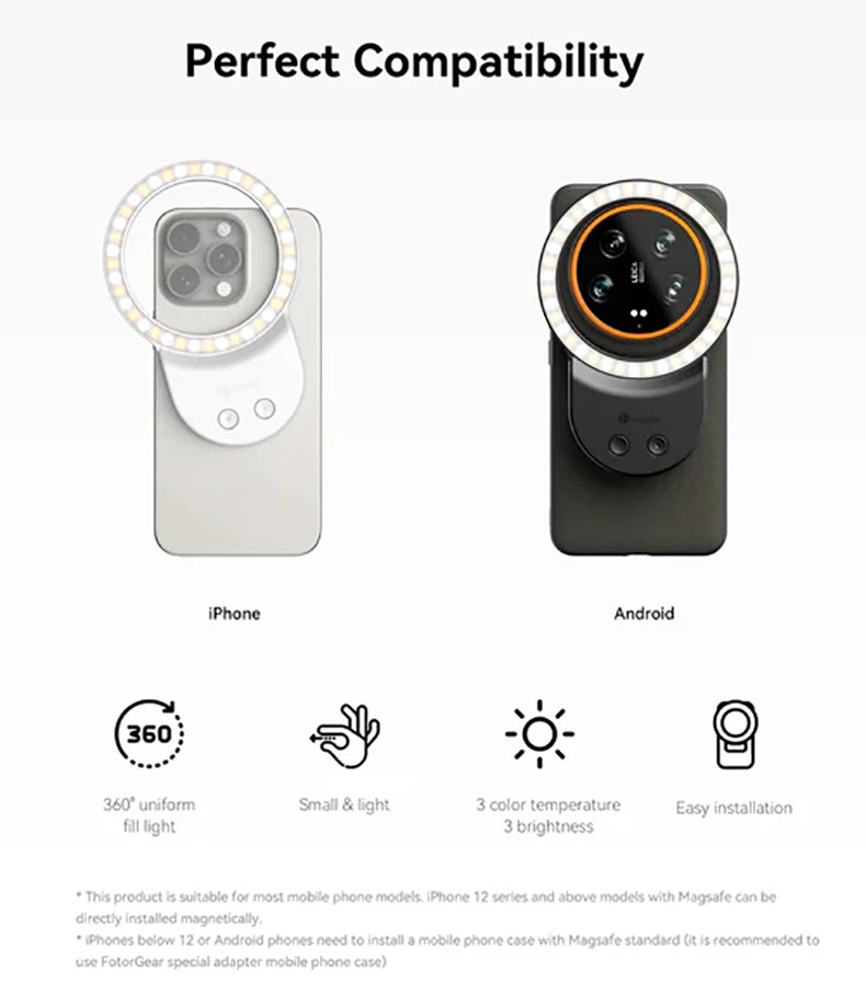 Fotorgear Magsafe Magnetic ring fill light 300 lumens 500mah Mini Portable All-roung Filling Light For Mobile Phone Photography