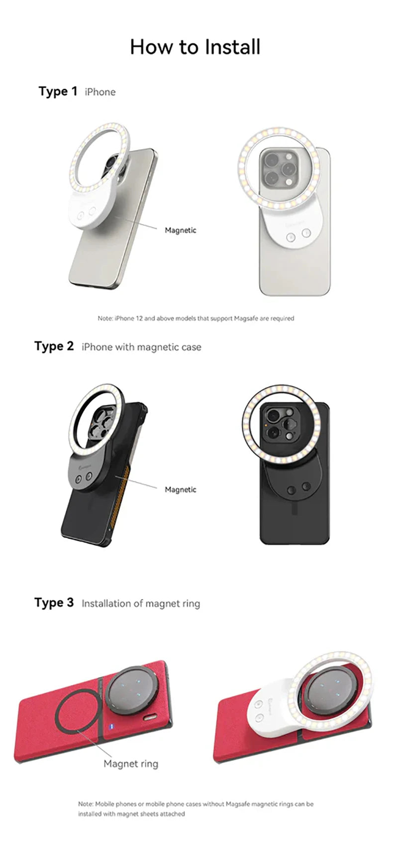 Fotorgear Magsafe Magnetic ring fill light 300 lumens 500mah Mini Portable All-roung Filling Light For Mobile Phone Photography