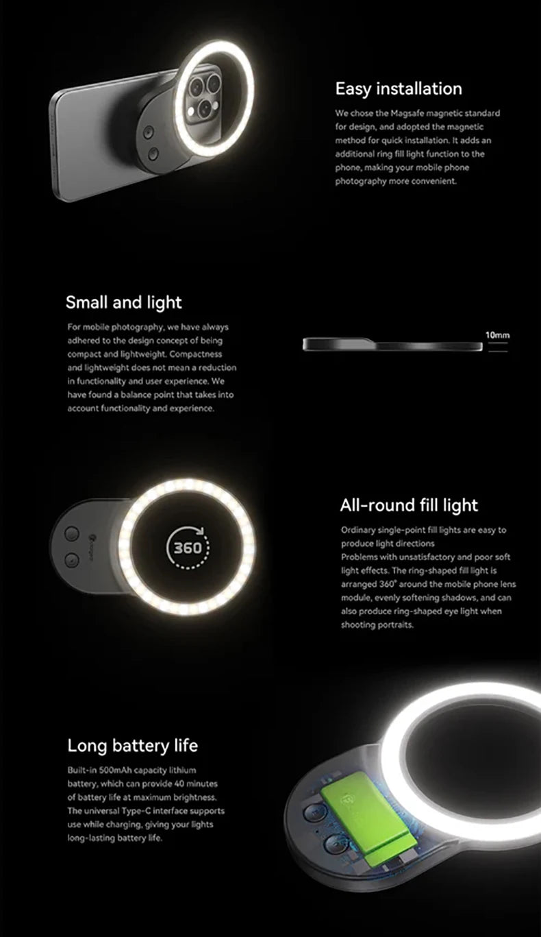 Fotorgear Magsafe Magnetic ring fill light 300 lumens 500mah Mini Portable All-roung Filling Light For Mobile Phone Photography